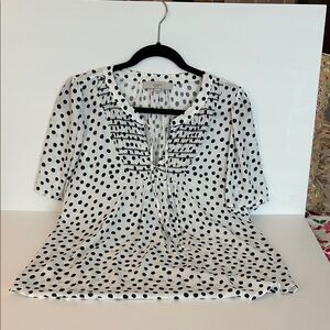 LOFT White and Black Polka Dot Smocked Yoke Blouse